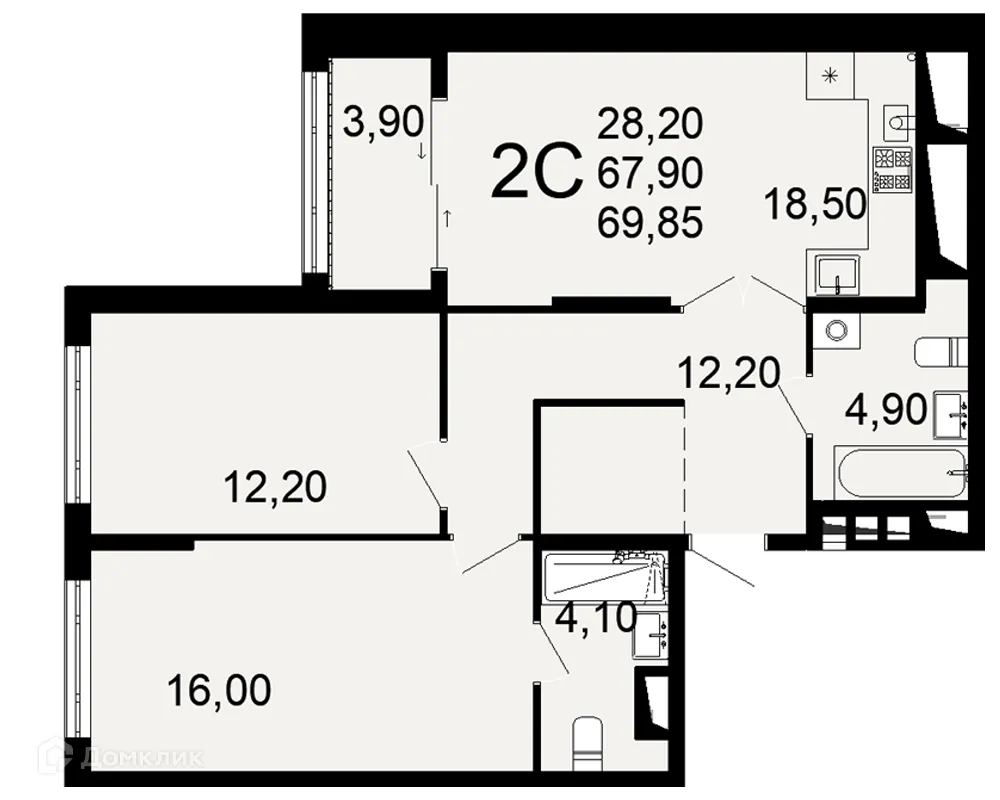 Планировка 2-комнатной квартиры 69.85 м² в ЖК "Открытие", г. Рязань — фото 1