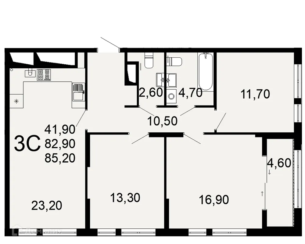Планировка 3-комнатной квартиры 85.2 м² в ЖК "Открытие", г. Рязань — фото 1