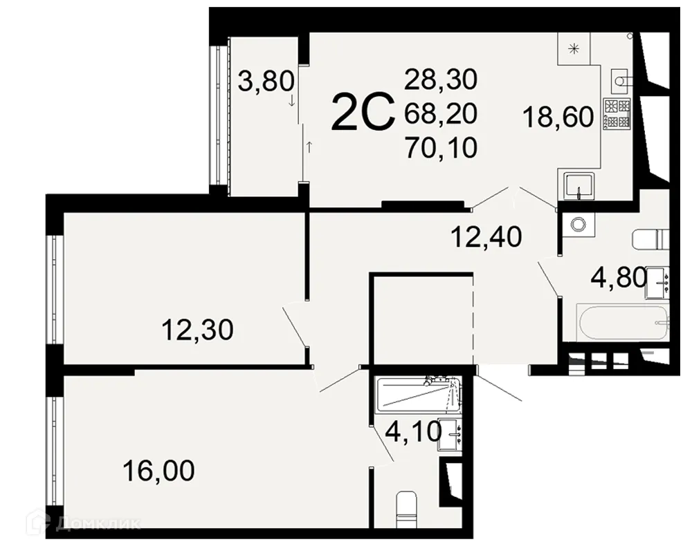 Планировка 2-комнатной квартиры 70.1 м² в ЖК "Открытие", г. Рязань — фото 1