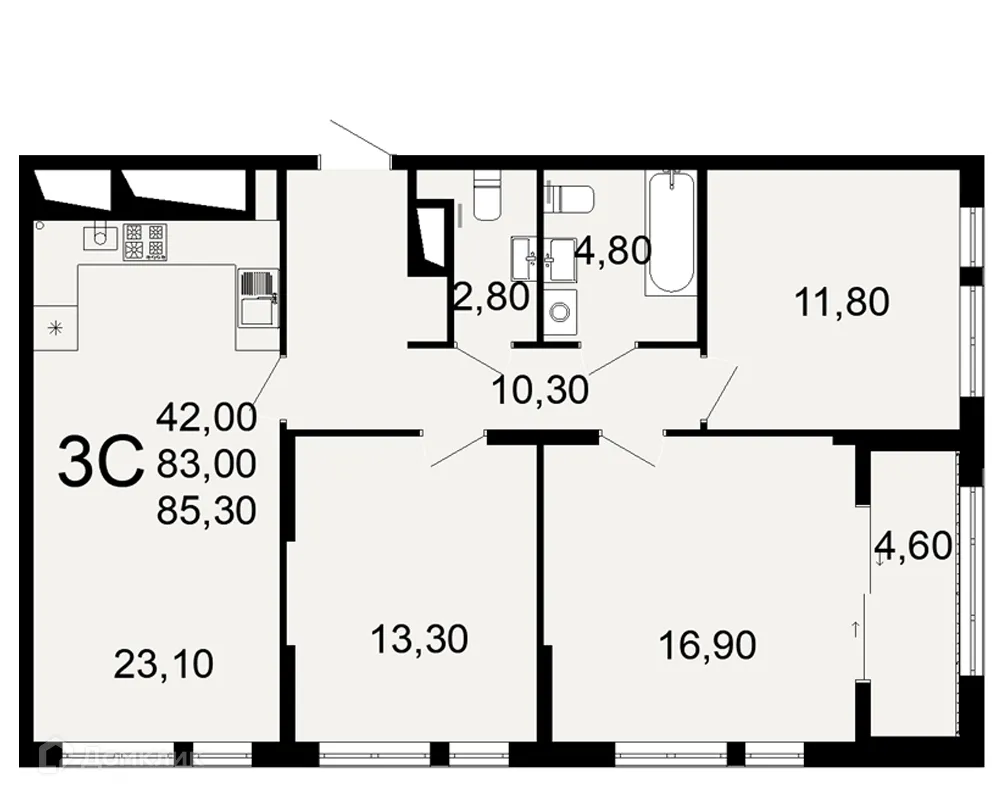Планировка 3-комнатной квартиры 85.3 м² в ЖК "Открытие", г. Рязань — фото 1