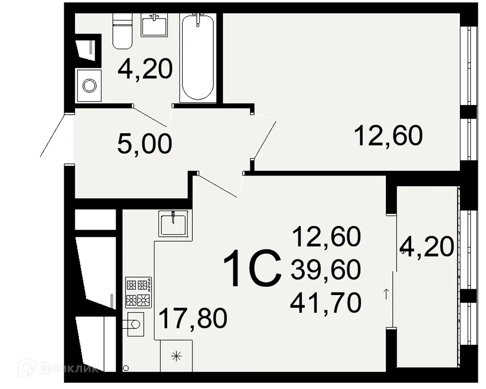 Планировка 1-комнатной квартиры 41.7 м² в ЖК "Открытие", г. Рязань — фото 1