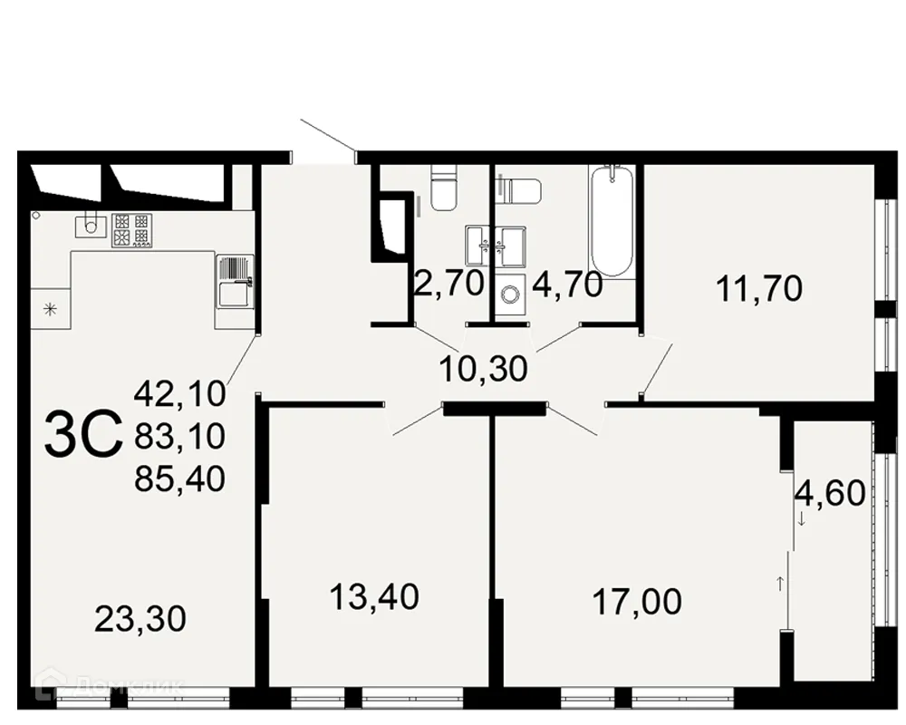 Планировка 3-комнатной квартиры 85.4 м² в ЖК "Открытие", г. Рязань — фото 1
