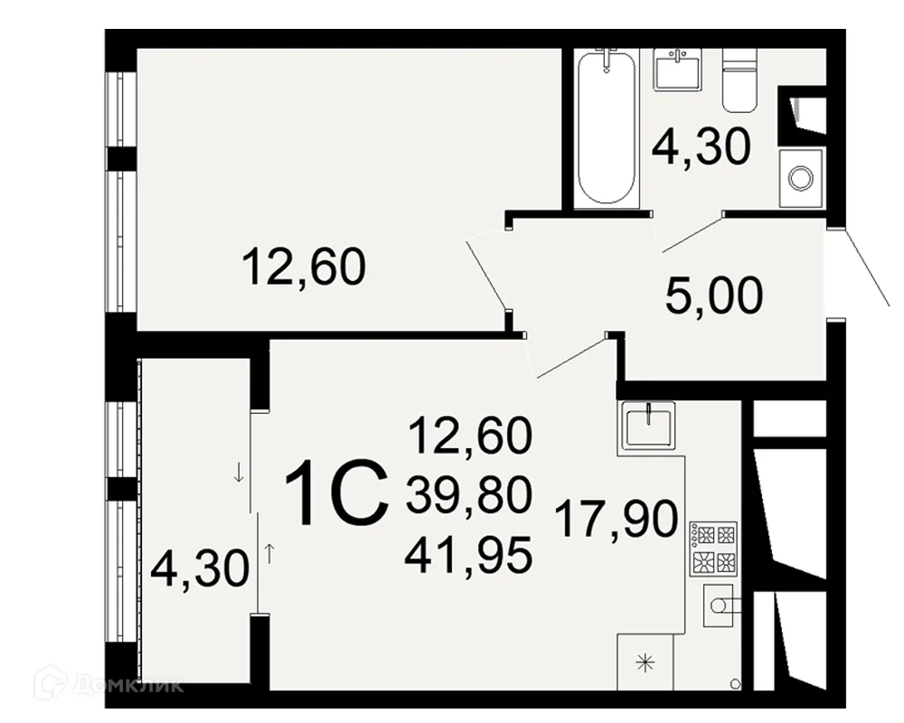 Планировка 1-комнатной квартиры 41.95 м² в ЖК "Открытие", г. Рязань — фото 1
