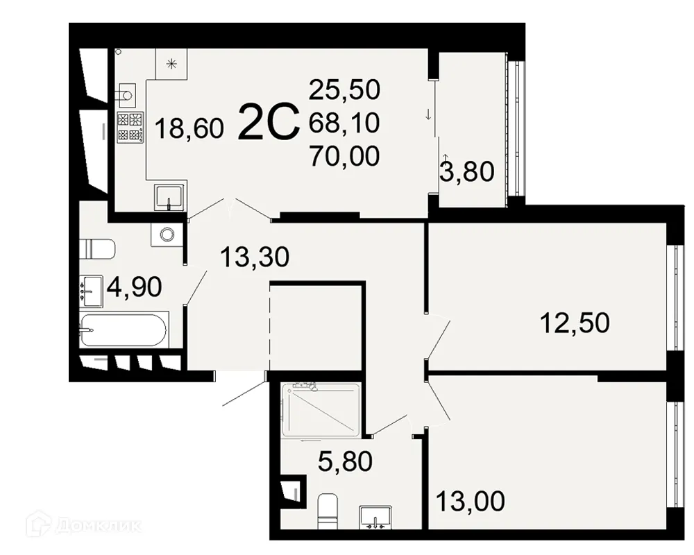 Планировка 2-комнатной квартиры 70 м² в ЖК "Открытие", г. Рязань — фото 1