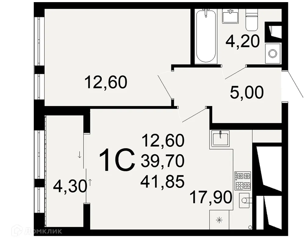 Планировка 1-комнатной квартиры 41.85 м² в ЖК "Открытие", г. Рязань — фото 1