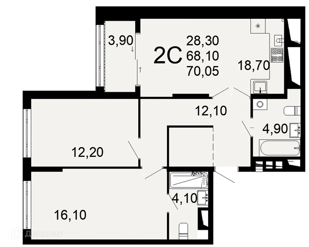 Планировка 2-комнатной квартиры 70.05 м² в ЖК "Открытие", г. Рязань — фото 1
