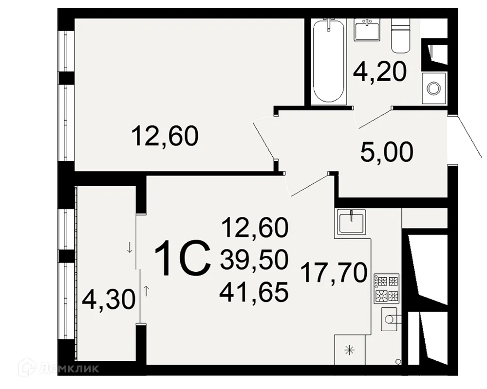 Планировка 1-комнатной квартиры 41.65 м² в ЖК "Открытие", г. Рязань — фото 1