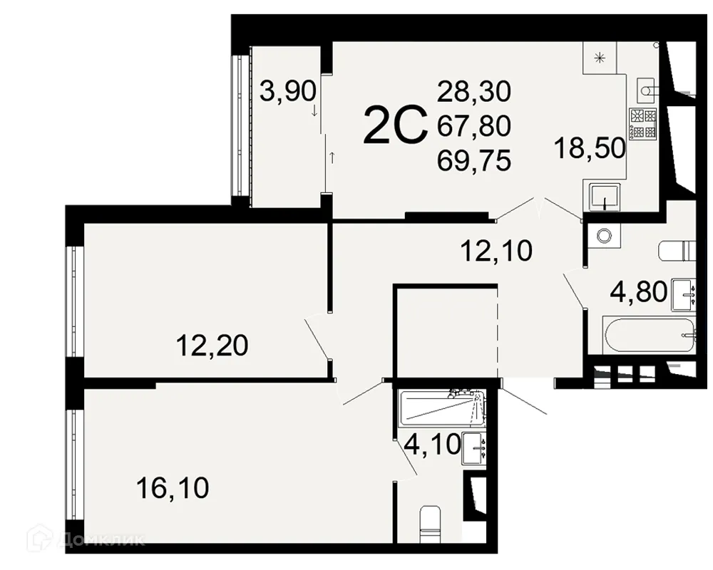 Планировка 2-комнатной квартиры 69.75 м² в ЖК "Открытие", г. Рязань — фото 1