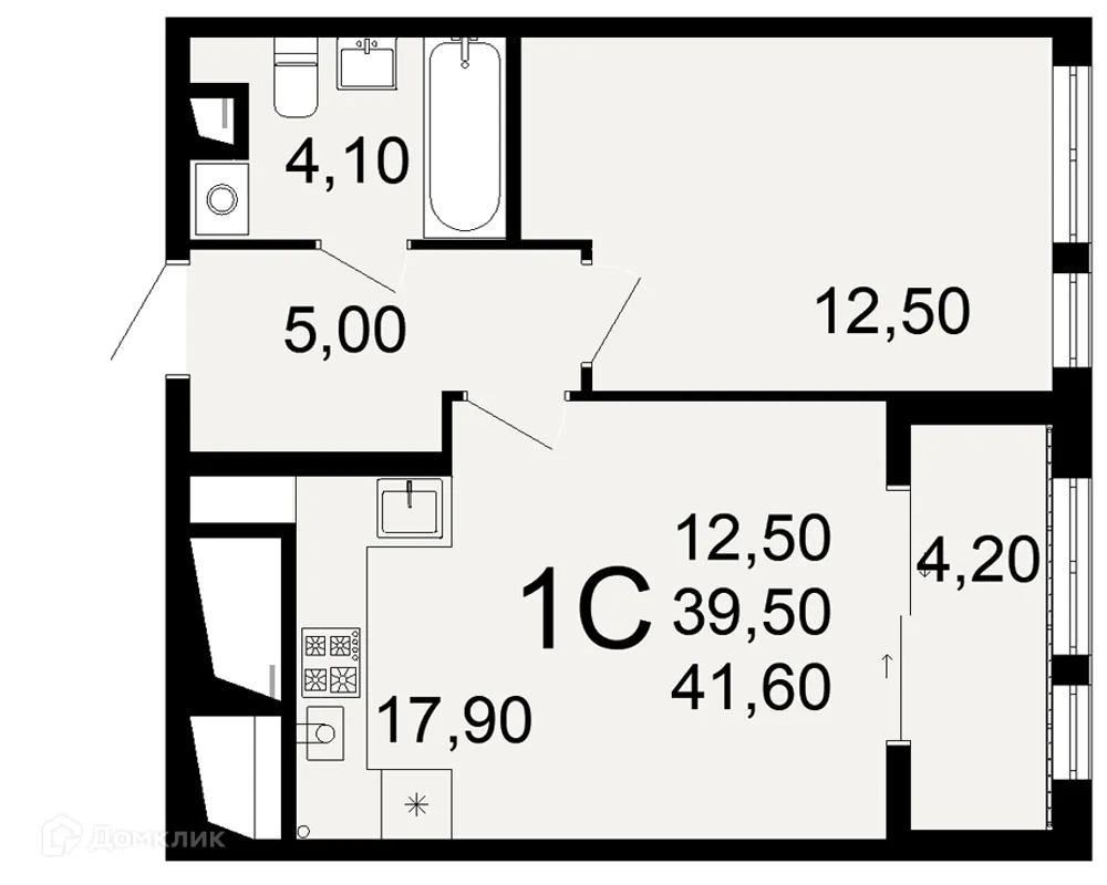 Планировка 1-комнатной квартиры 41.6 м² в ЖК "Открытие", г. Рязань — фото 2