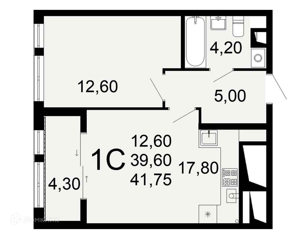 Планировка 1-комнатной квартиры 41.75 м² в ЖК "Открытие", г. Рязань — фото 1