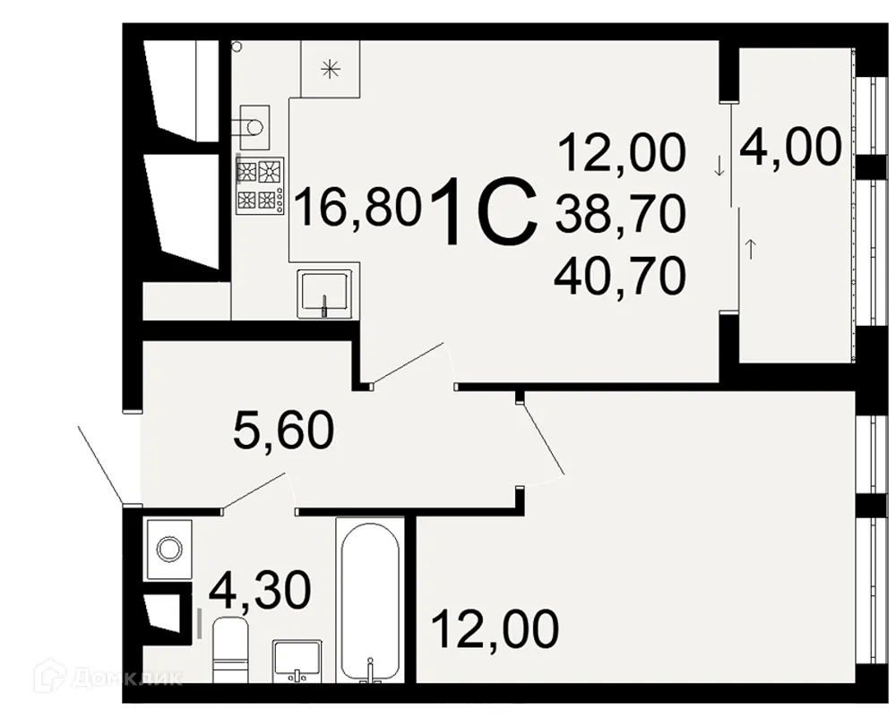 Планировка 1-комнатной квартиры 40.7 м² в ЖК "Открытие", г. Рязань — фото 1
