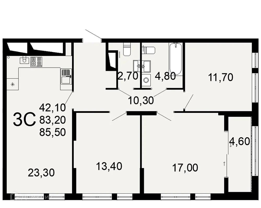 Планировка 3-комнатной квартиры 85.5 м² в ЖК "Открытие", г. Рязань — фото 1