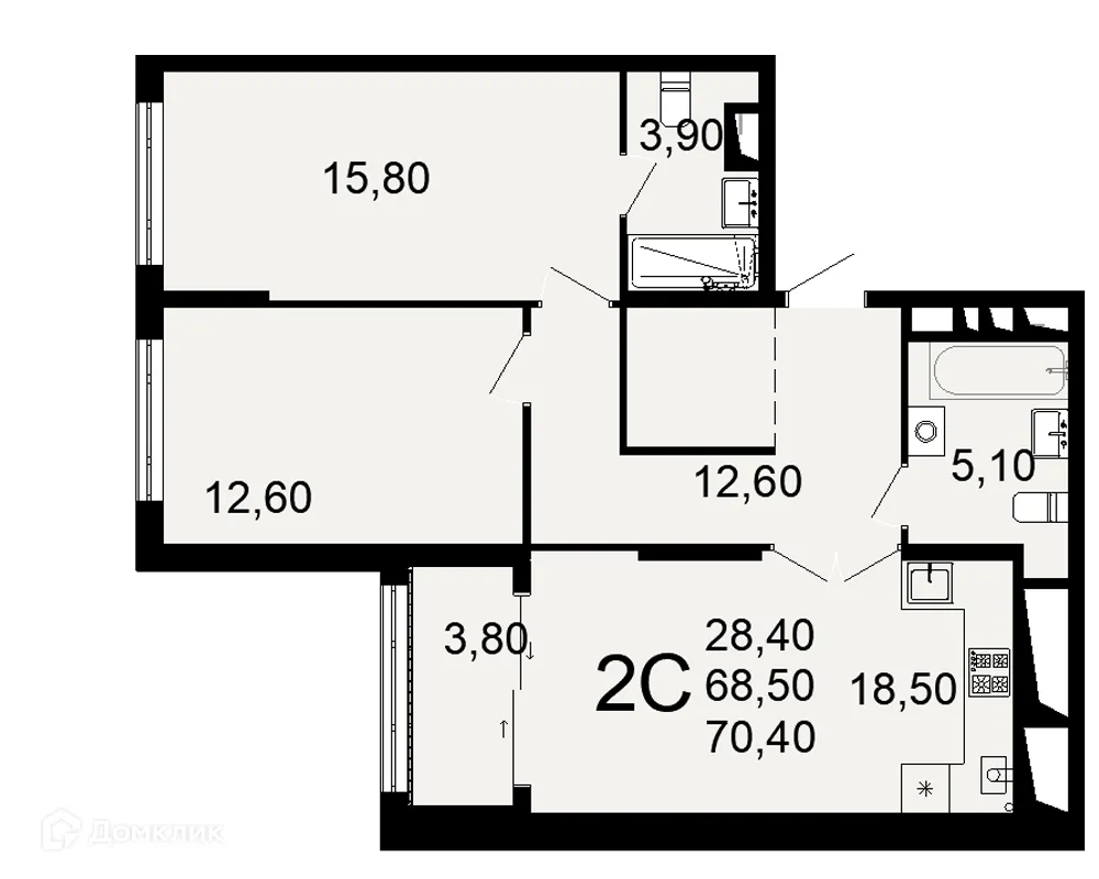 Планировка 2-комнатной квартиры 70.4 м² в ЖК "Открытие", г. Рязань — фото 1
