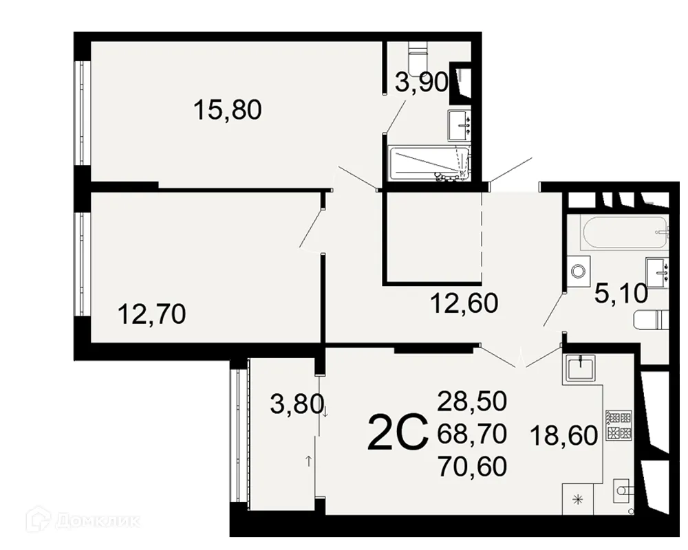 Планировка 2-комнатной квартиры 70.6 м² в ЖК "Открытие", г. Рязань — фото 1