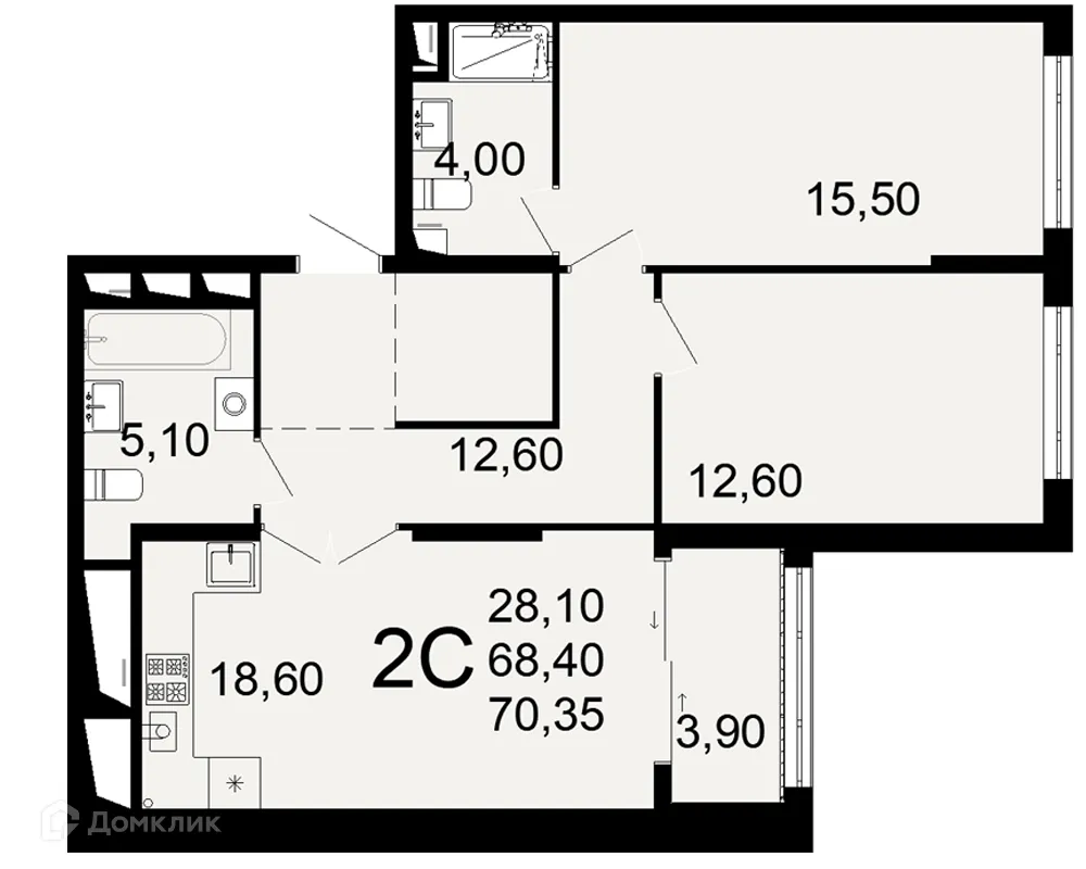 Планировка 2-комнатной квартиры 70.35 м² в ЖК "Открытие", г. Рязань — фото 1