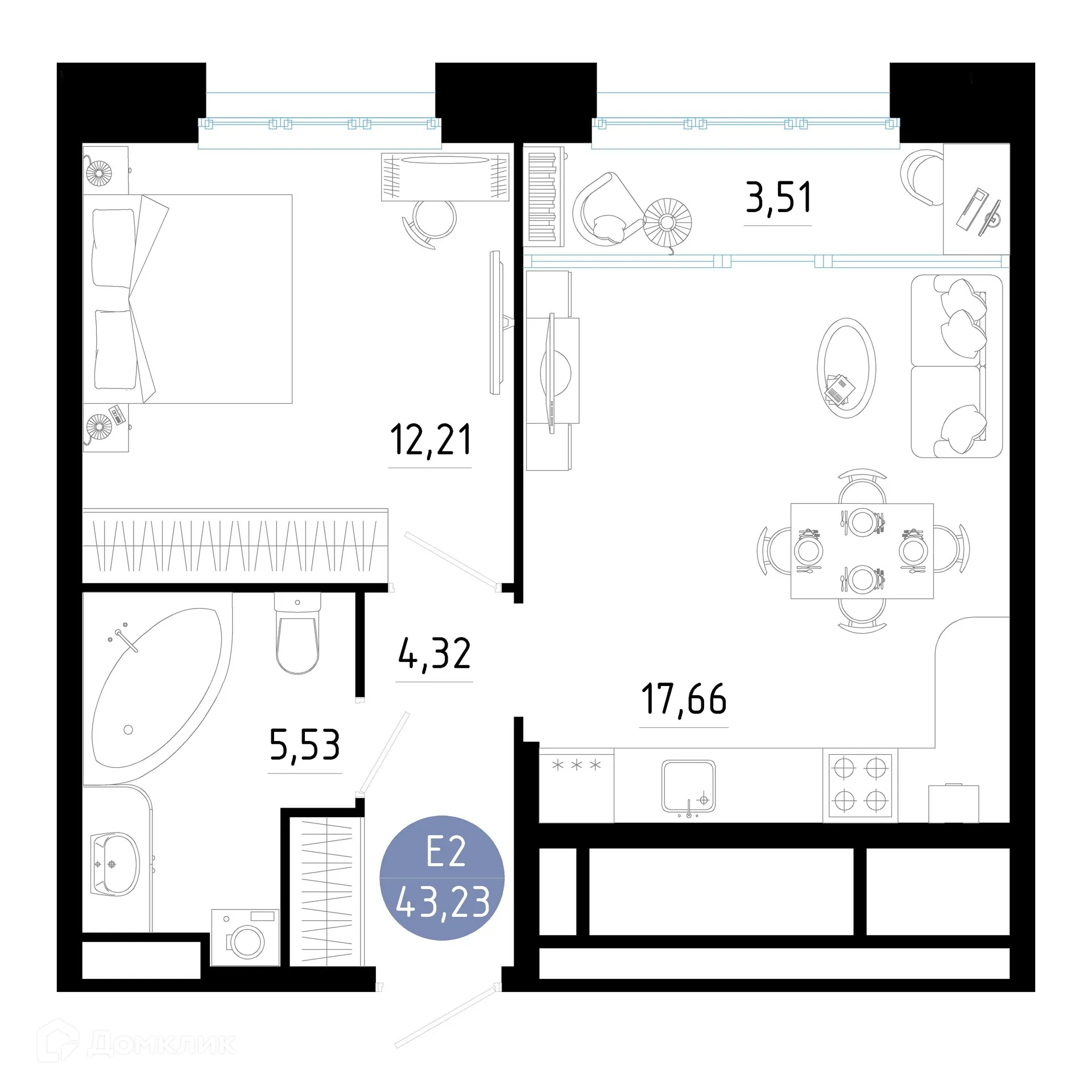 Планировка 1-комнатной квартиры 43.23 м² в ЖК РОЩА, г. Рязань — фото 1