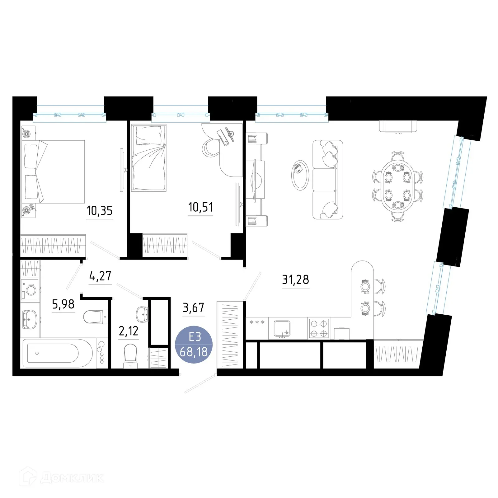 Планировка 2-комнатной квартиры 68.18 м² в ЖК РОЩА, г. Рязань — фото 1
