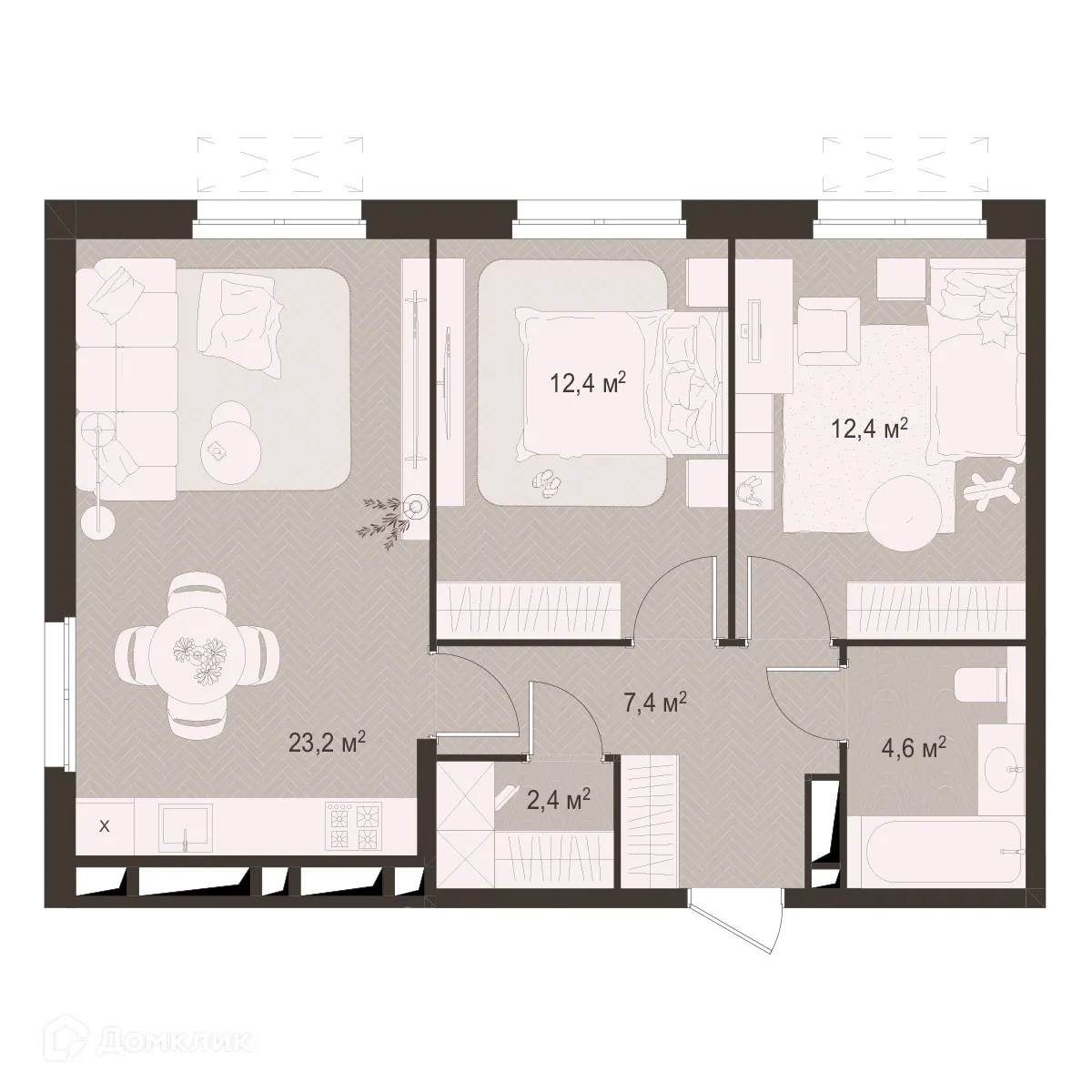 Планировка 2-комнатной квартиры 62.4 м² в Моя мечта, г. Рязань — фото 1