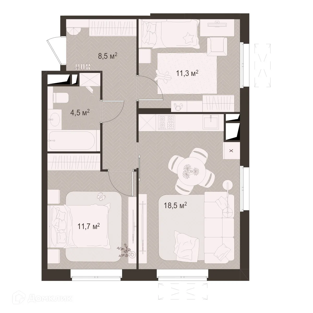Планировка 2-комнатной квартиры 54.5 м² в Моя мечта, г. Рязань — фото 1