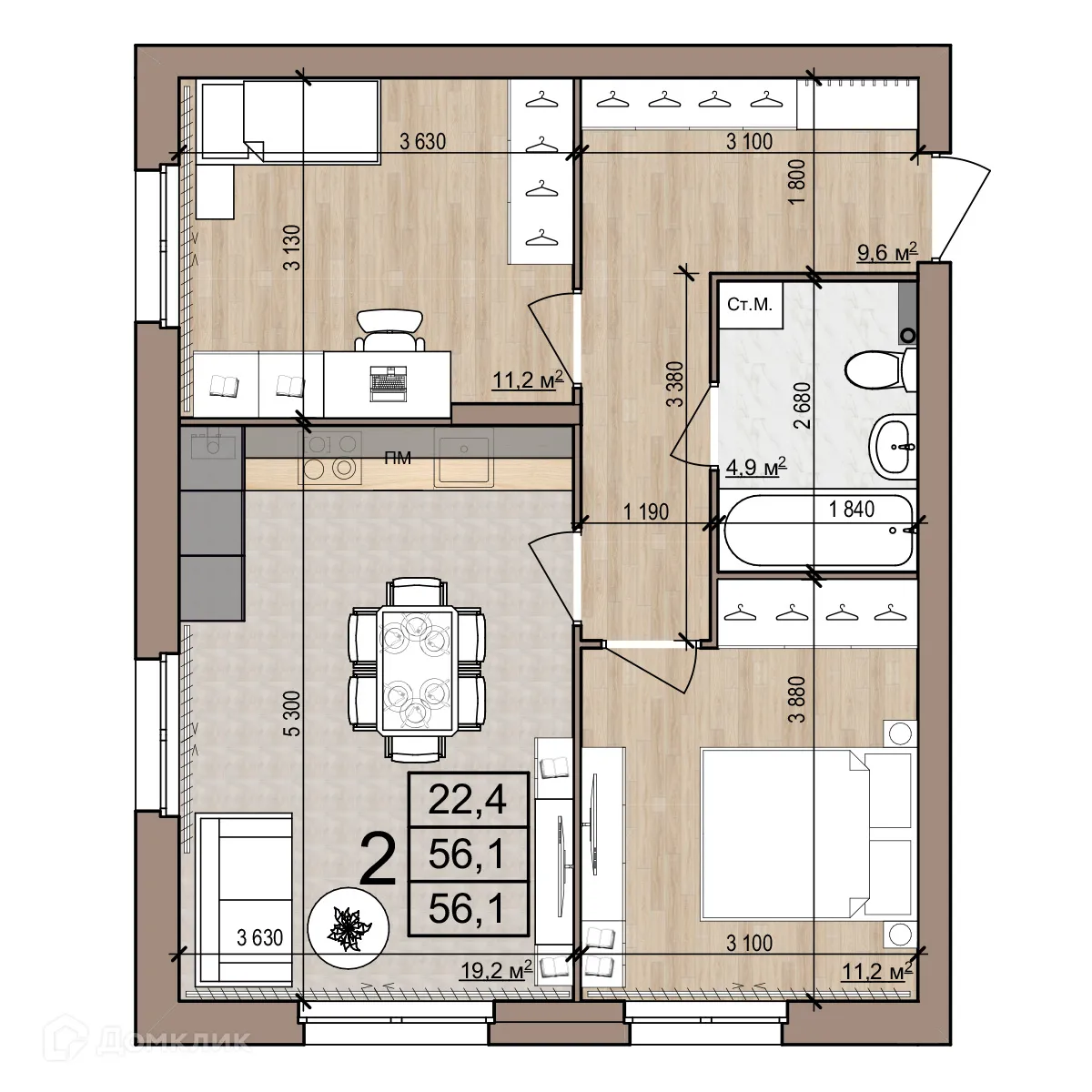 Планировка 2-комнатной квартиры 56.1 м² в Полярная звезда, г. Рязань — фото 1