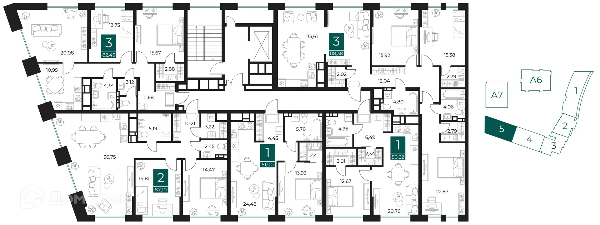 Планировка 3-комнатной квартиры 118.38 м² в ЖК Арт-кварталы, г. Рязань — фото 2