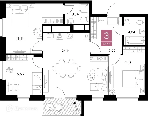 Планировка 3-комнатной квартиры 76.66 м² в ЖК Квартал Дягилев, г. Рязань — фото 2