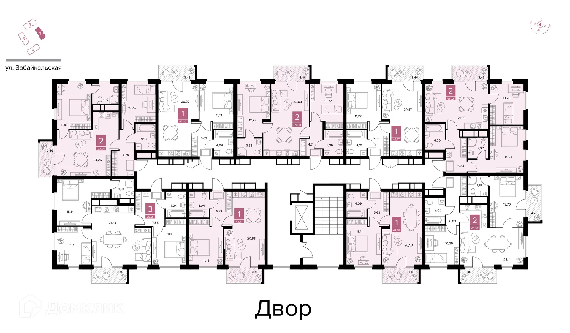 Планировка 3-комнатной квартиры 76.66 м² в ЖК Квартал Дягилев, г. Рязань — фото 3