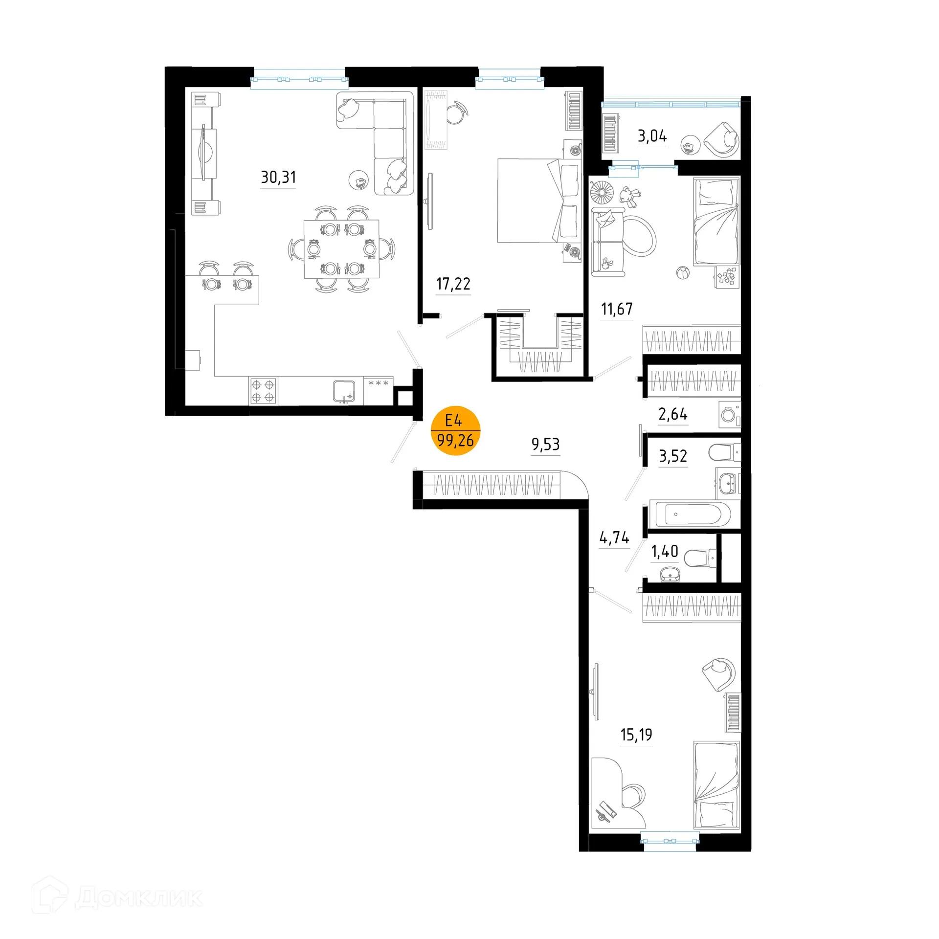 Планировка 3-комнатной квартиры 99.26 м² в ЖК Смарт Квартал ЦЕНТРАЛЬНЫЙ, г. Рязань — фото 1