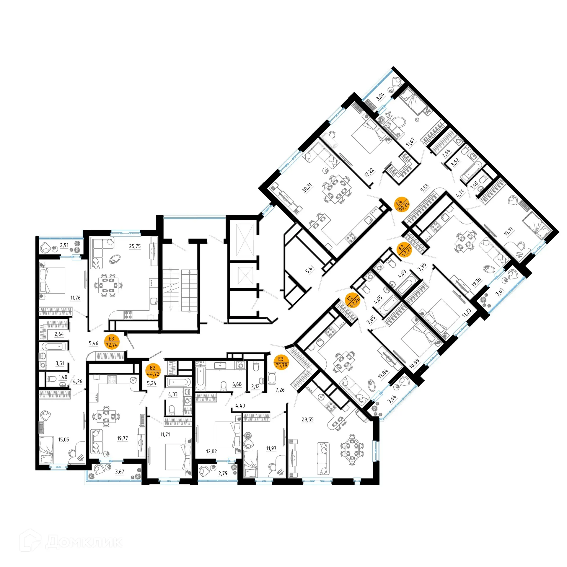 Планировка 3-комнатной квартиры 99.26 м² в ЖК Смарт Квартал ЦЕНТРАЛЬНЫЙ, г. Рязань — фото 2