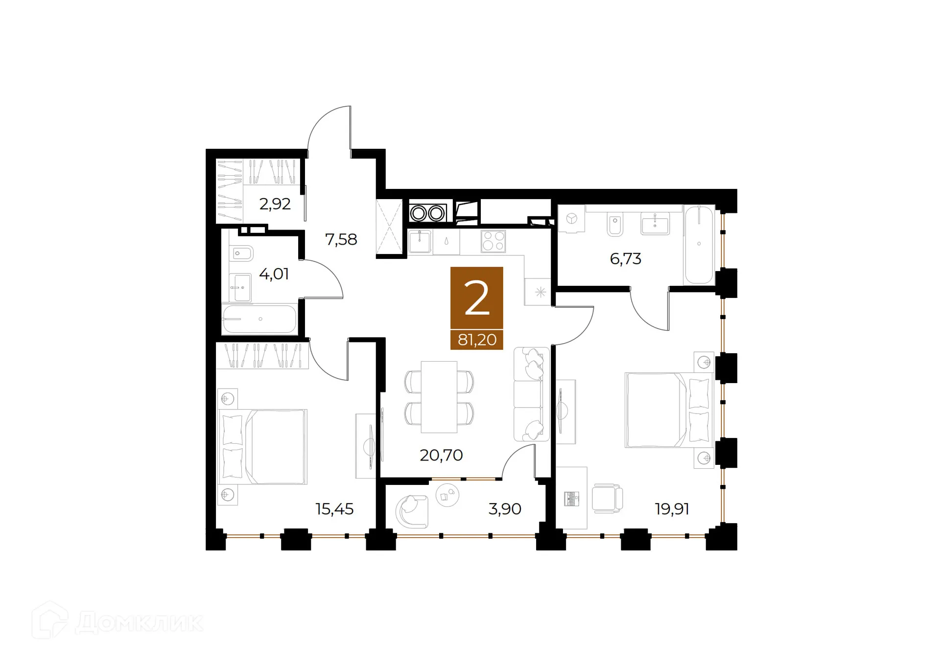 Планировка 2-комнатной квартиры 81.2 м² в ЖК МЕДНЫЙ, г. Рязань — фото 1