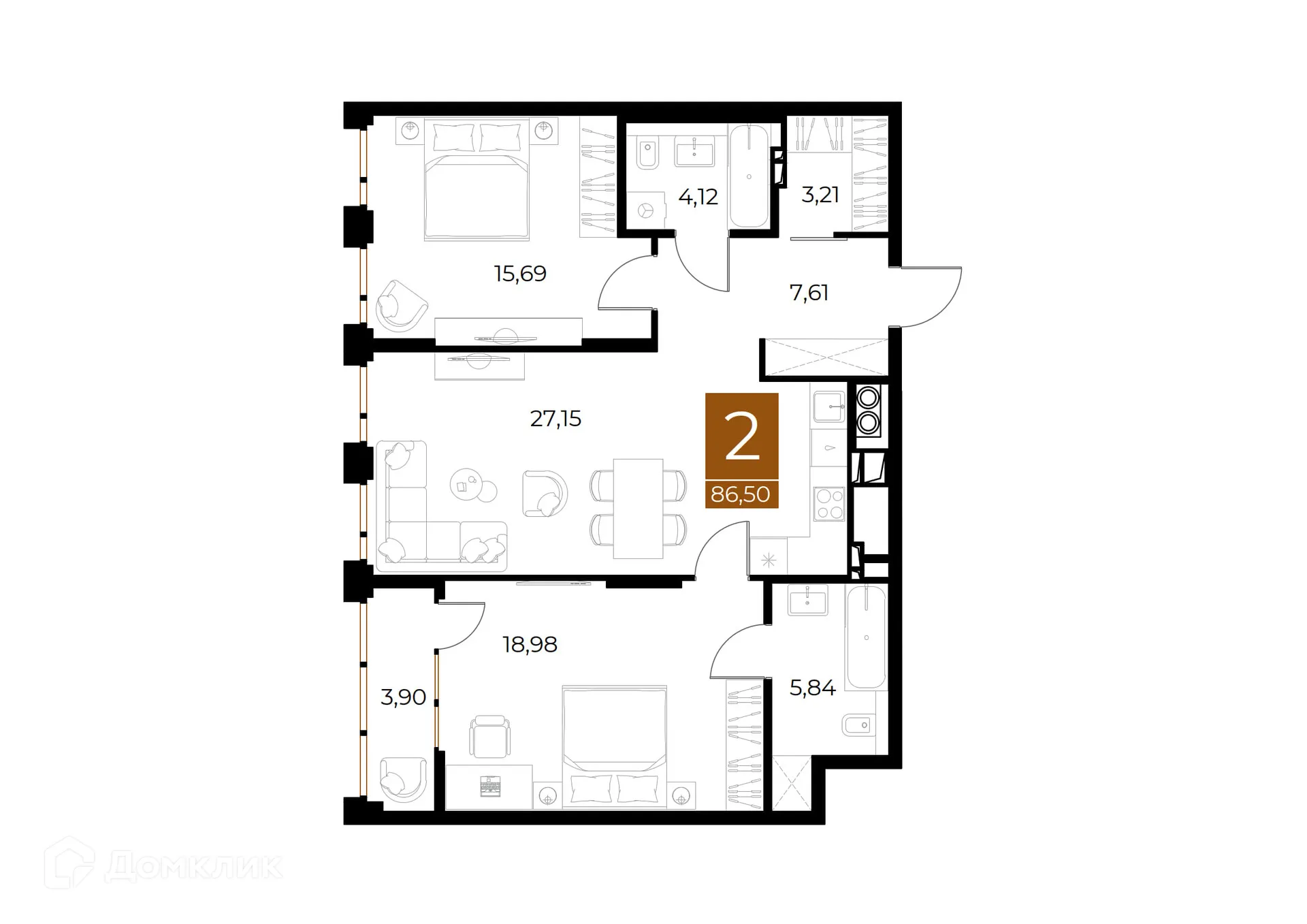 Планировка 2-комнатной квартиры 86.5 м² в ЖК МЕДНЫЙ, г. Рязань — фото 1