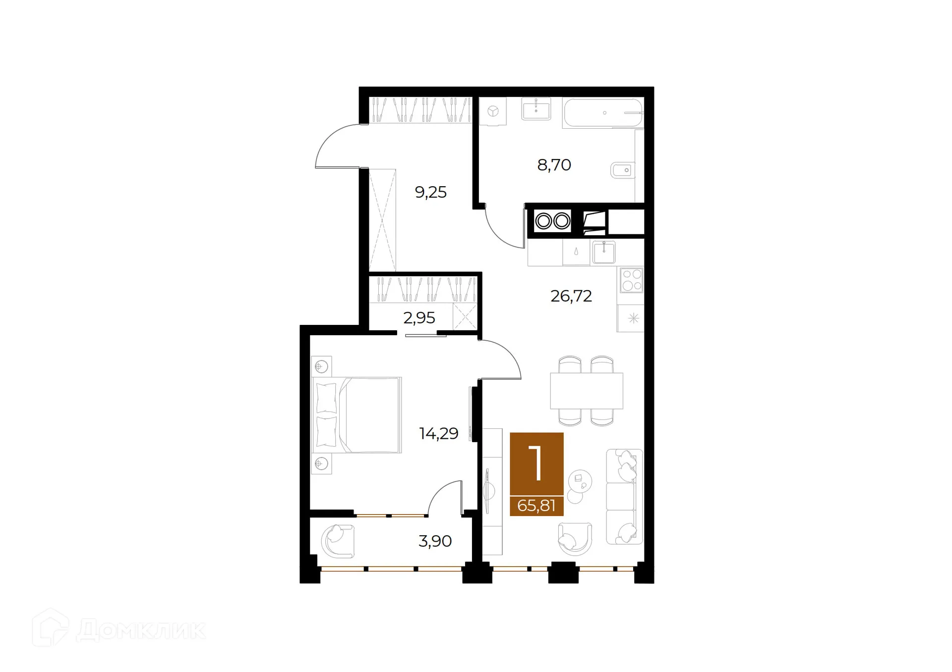 Планировка 1-комнатной квартиры 65.81 м² в ЖК МЕДНЫЙ, г. Рязань — фото 1