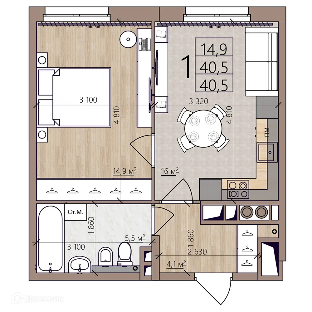 Планировка 1-комнатной квартиры 40.5 м² в ЖК Окская стрелка, г. Рязань — фото 1