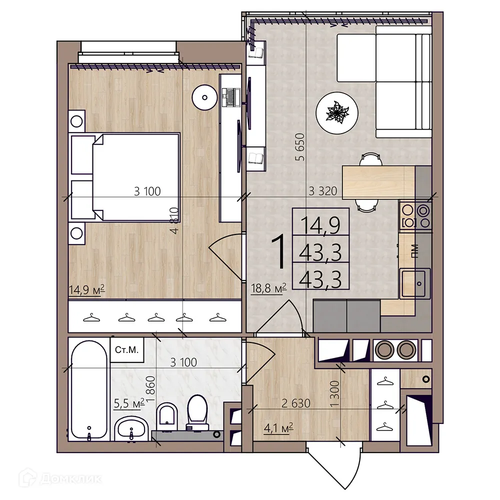 Планировка 1-комнатной квартиры 43.3 м² в ЖК Окская стрелка, г. Рязань — фото 1