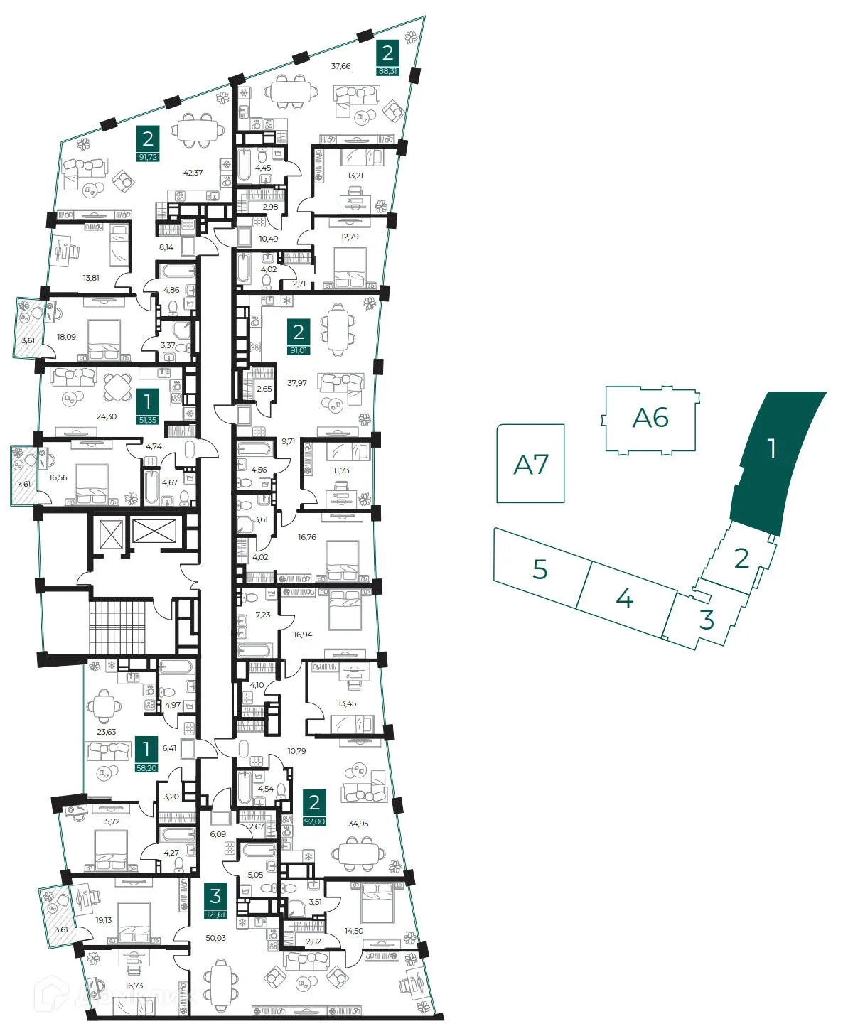 Планировка 2-комнатной квартиры 91.72 м² в ЖК Арт-кварталы, г. Рязань — фото 2