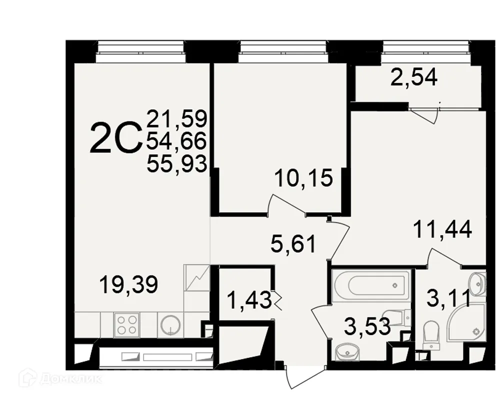 Планировка 2-комнатной квартиры 55.93 м² в ЖК"Новое измерение", г. Рязань — фото 1