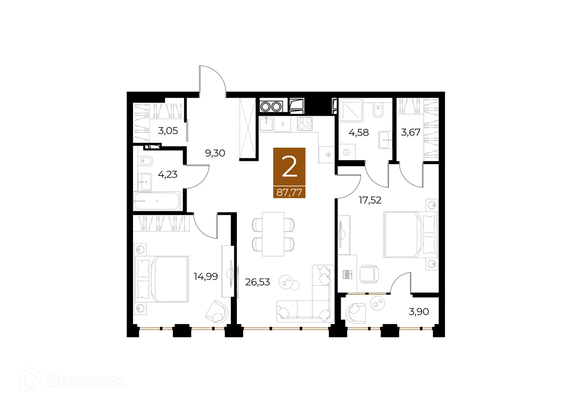 Планировка 2-комнатной квартиры 87.77 м² в ЖК МЕДНЫЙ, г. Рязань — фото 1