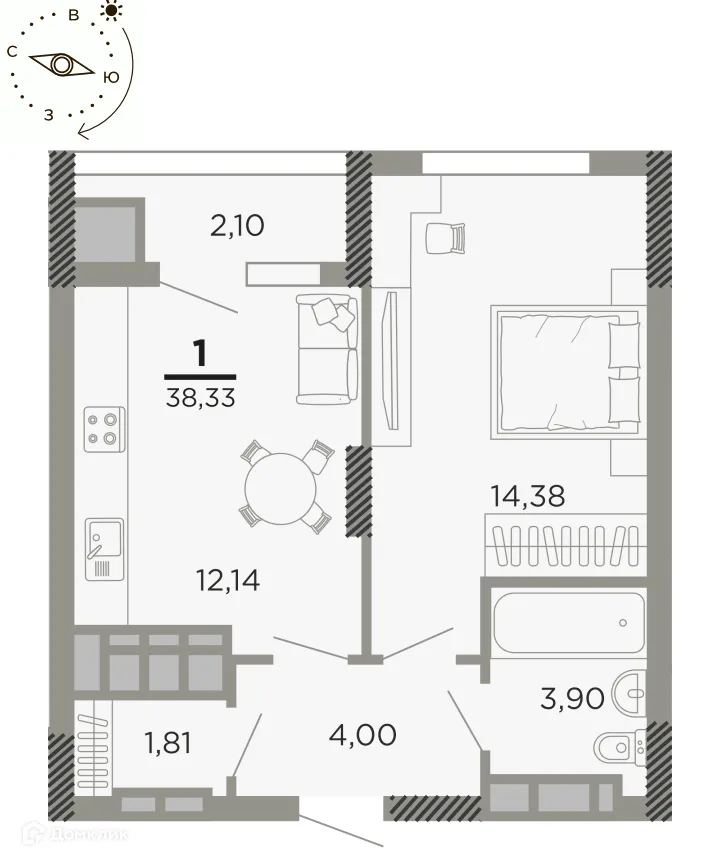 Планировка 1-комнатной квартиры 38.33 м² в ЖК "Мартовский", г. Рязань — фото 1