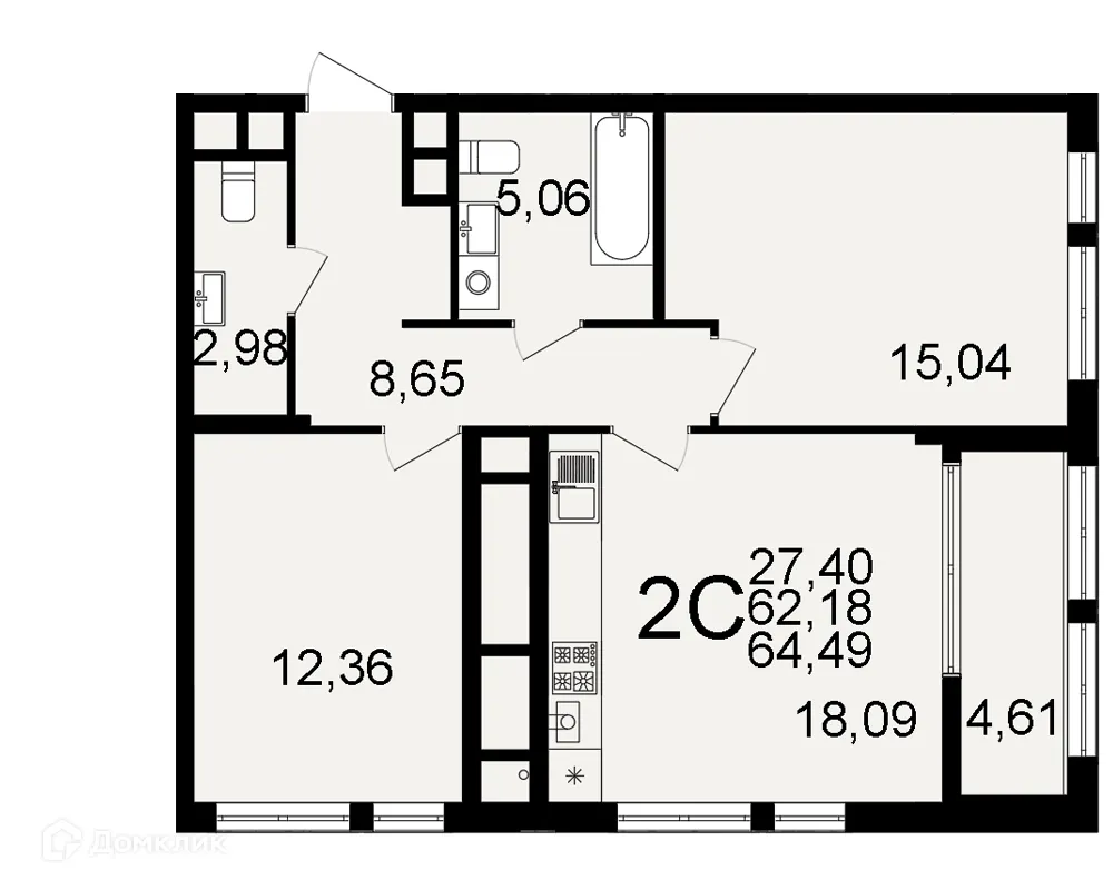 Планировка 2-комнатной квартиры 64.49 м² в ЖК "Открытие", г. Рязань — фото 1