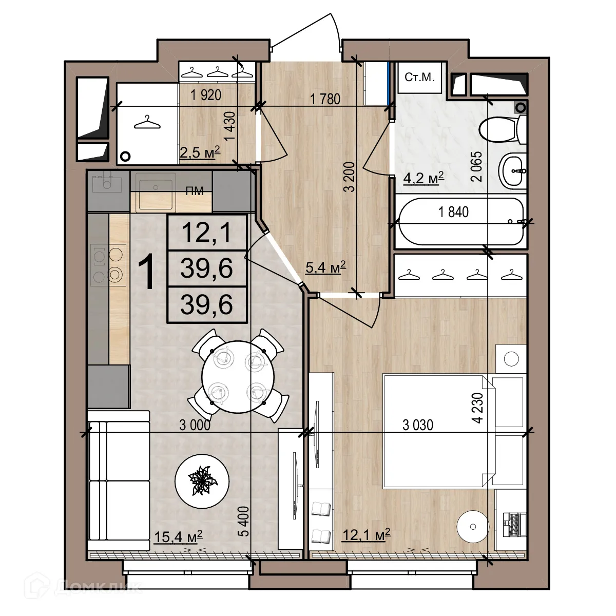 Планировка 1-комнатной квартиры 39.6 м² в Полярная звезда, г. Рязань — фото 1