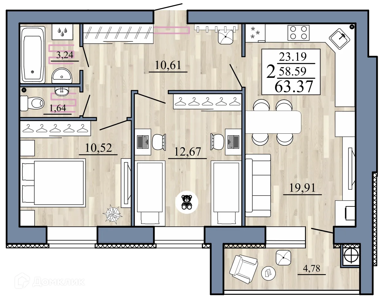 Планировка 2-комнатной квартиры 63.37 м² в Стрижи, г. Рыбное — фото 1