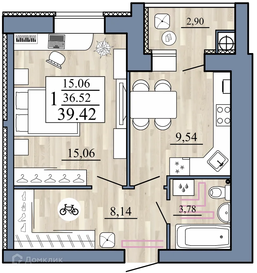 Планировка 1-комнатной квартиры 39.42 м² в Стрижи, г. Рыбное — фото 1