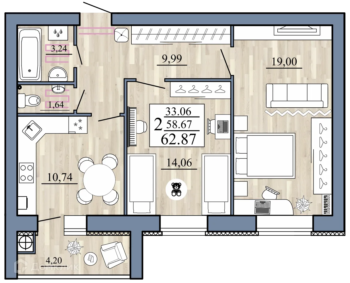 Планировка 2-комнатной квартиры 62.87 м² в Стрижи, г. Рыбное — фото 1