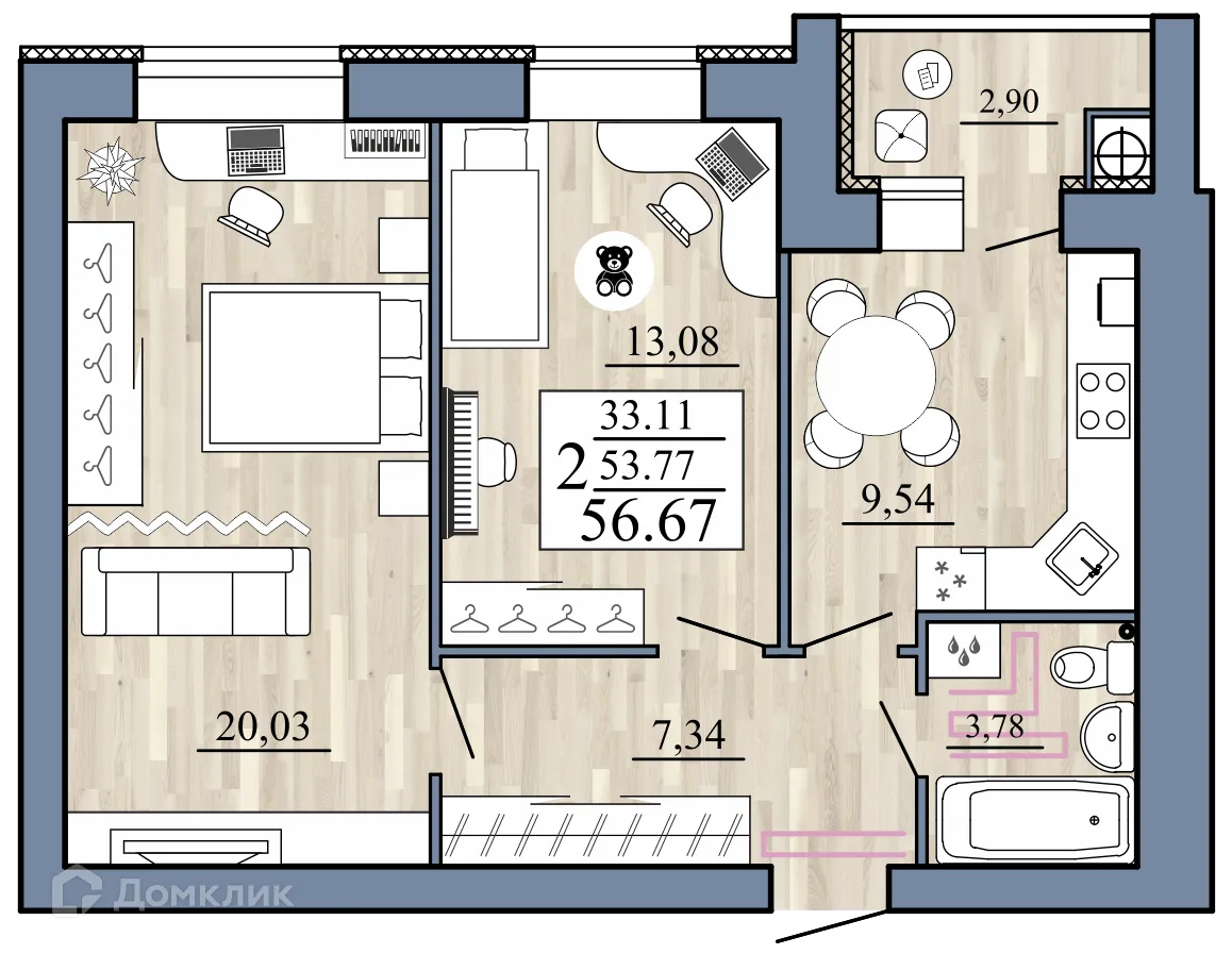 Планировка 2-комнатной квартиры 56.67 м² в Стрижи, г. Рыбное — фото 1