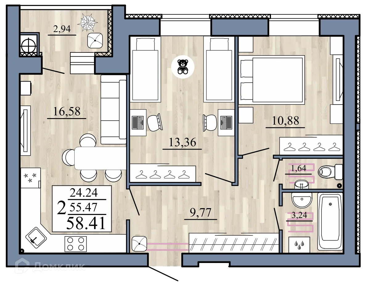 Планировка 2-комнатной квартиры 58.41 м² в Стрижи, г. Рыбное — фото 1