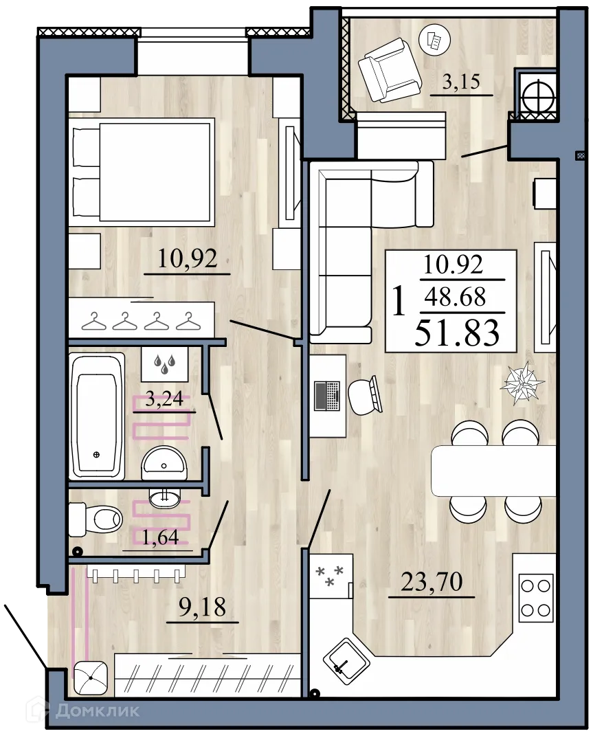 Планировка 1-комнатной квартиры 51.83 м² в Стрижи, г. Рыбное — фото 1