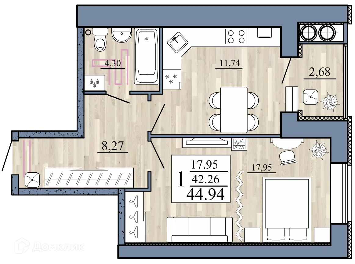 Планировка 1-комнатной квартиры 44.94 м² в Стрижи, г. Рыбное — фото 1