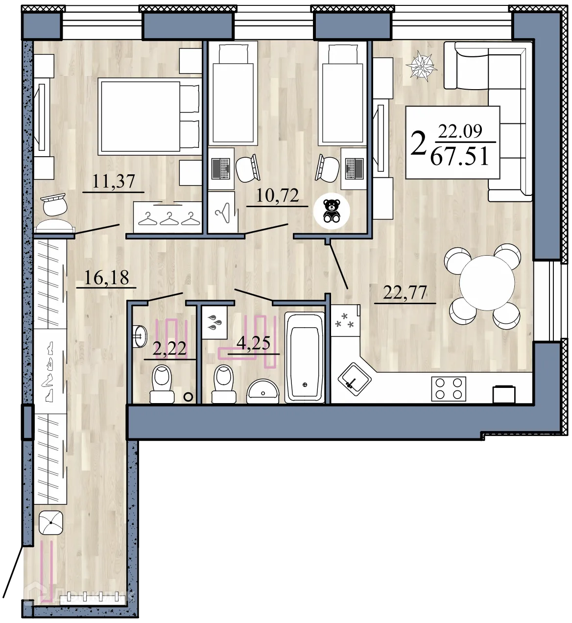 Планировка 2-комнатной квартиры 67.52 м² в Стрижи, г. Рыбное — фото 1