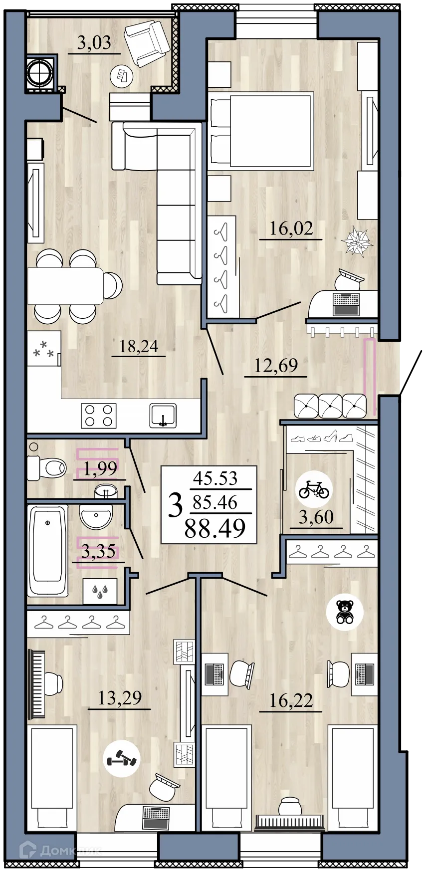 Планировка 3-комнатной квартиры 88.49 м² в Стрижи, г. Рыбное — фото 1