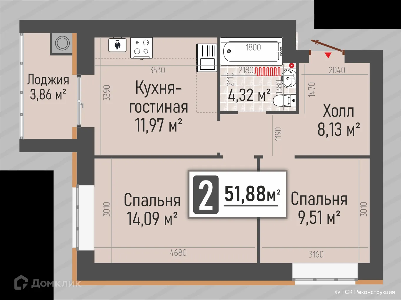 Планировка 2-комнатной квартиры 51.88 м² в ЖК МЕГА-5, г. Рыбное — фото 2